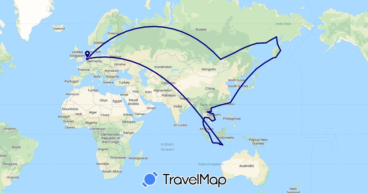 TravelMap itinerary: driving in Indonesia, Cambodia, South Korea, Laos, Malaysia, Netherlands, Russia, Singapore, Thailand, Taiwan, Vietnam (Asia, Europe)